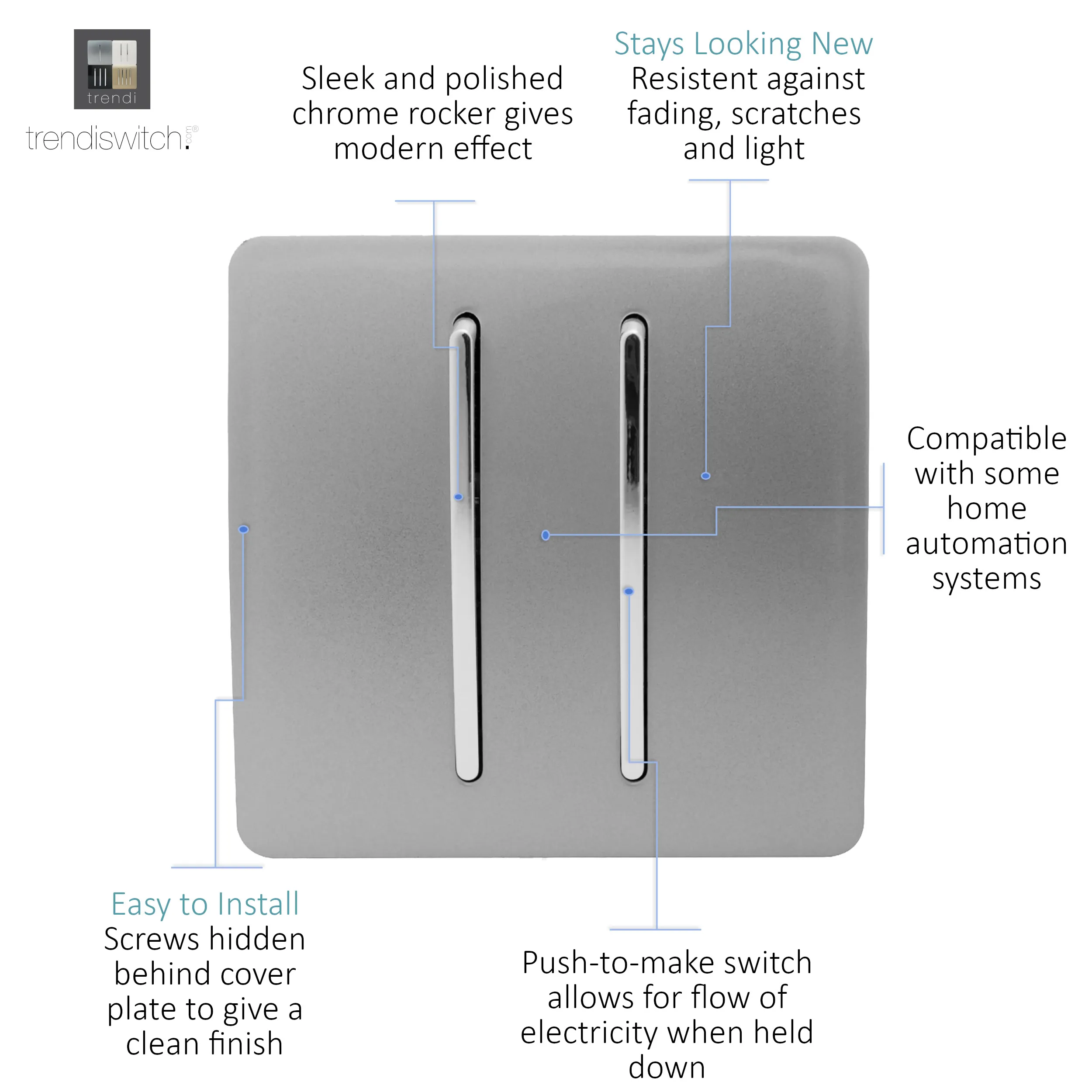 2 Gang Retractive Home Auto.Switch Light Grey ART-SSR2LG  Trendi Light Grey